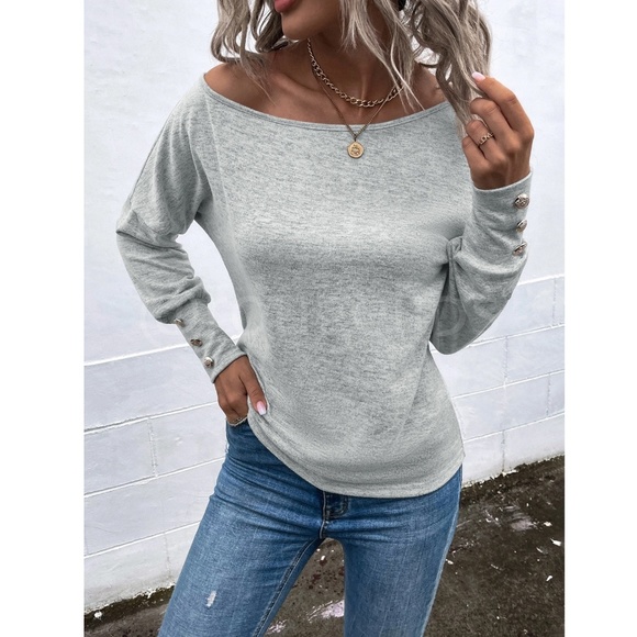 One Cold Shoulder Asymmetric Boat Neck Grey Long Sleeve Tee Shirt - Picture 6 of 9
